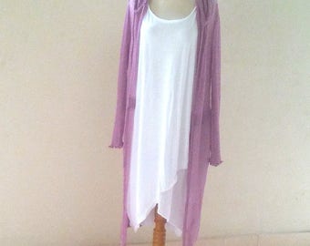 Boho Summer knitted coat with hood - fine Ladies Cardigan long jacket coat with belt and large hood long sleeve ruffled sleeves MAUVE