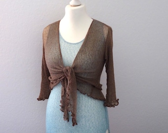 Knitted boho summer dresses stretch top + bolero aquamarin blue, nougat brown, women's tops stretch fine knit jacket stretchtop