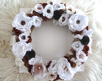 Wreath flower wreath natural white, handmade flowers lace jute door wreath 33 cm home decoration door decoration wall decoration