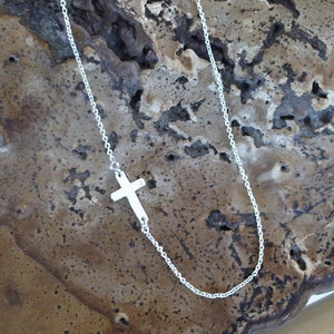 Sideway cross necklace little cross 925 sterling silver handmade silver cross religion asymmetric chain simple cross image 1