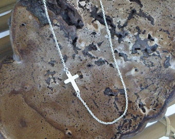 Sideway cross necklace - "little cross" 925 sterling silver - handmade silver cross - religion - asymmetric chain - simple cross