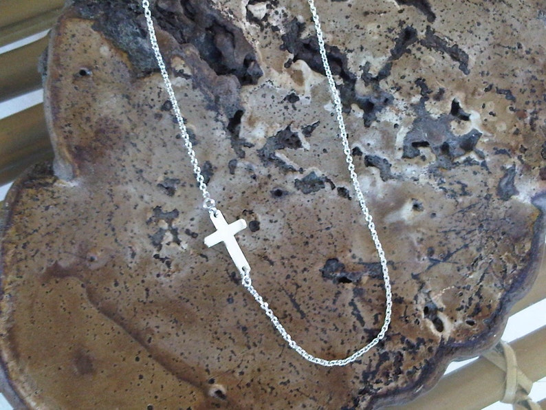 Sideway cross necklace little cross 925 sterling silver handmade silver cross religion asymmetric chain simple cross image 1