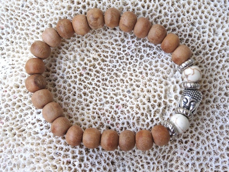 Sandalwood fragrance bracelet buddha head metal silver tone festival jewelry boho jewelry wood beaded bracelet elastic unisex bracelet image 2