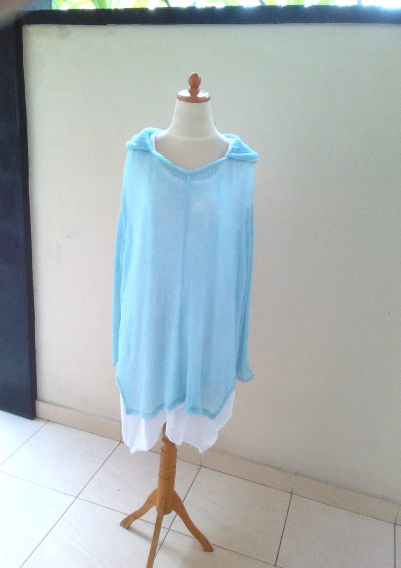 Knit Hoodie blue LAYER-LOOK oversize Ladies Stretch HOODY sky blue Plus Size Light blue cover up Poncho fine knit jumper hooded sweatshirt
