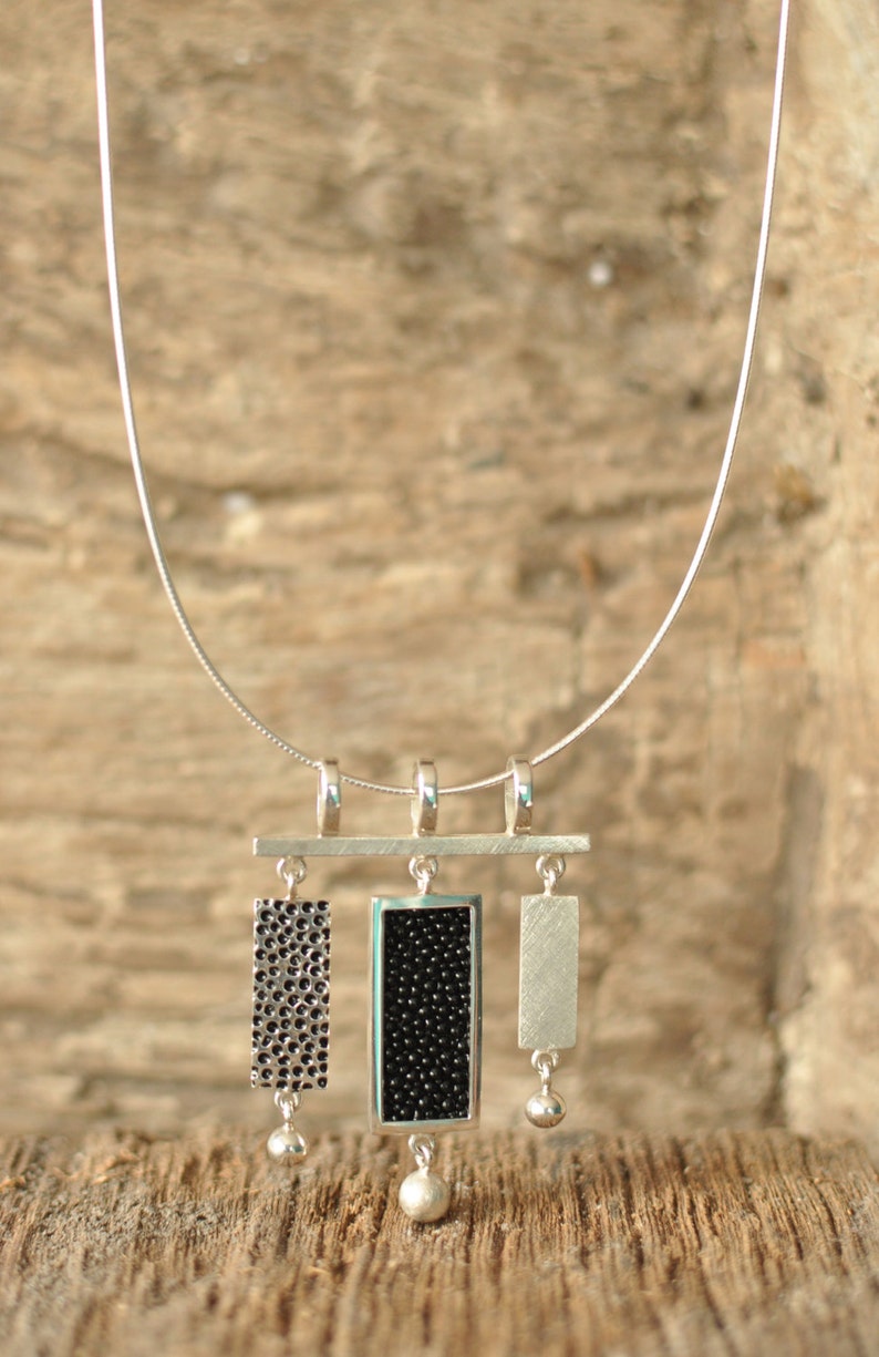 Pendant HANGING TRIO DESIGN, Black Stingray Leather, Sterling Silver