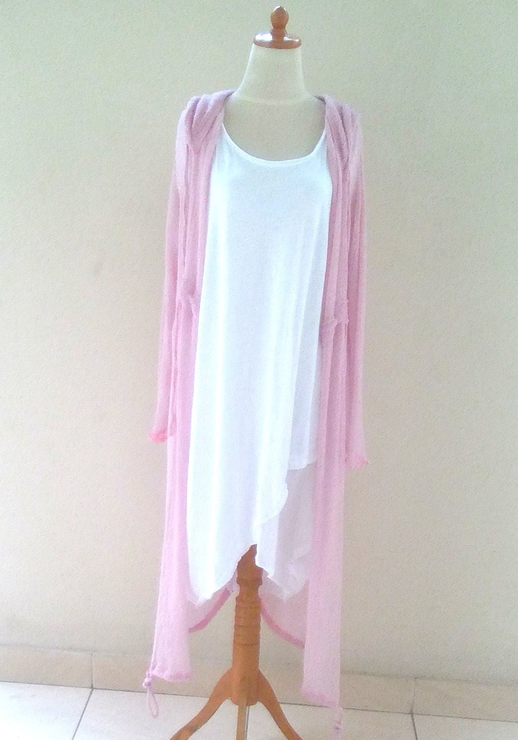 Knit Cardigan Boho Jacket Elastic Fine Knit Women's Long Jacket Coat with Belt and Large Hooded Long Sleeve Ruffled Sleeves PASTEL PINK