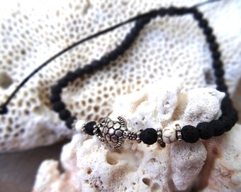 Lava stone beaded anklet black white turtle surfer chain boho beach jewelry anklet festival jewelry bracelet silver metal bead