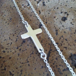 Sideway cross necklace little cross 925 sterling silver handmade silver cross religion asymmetric chain simple cross image 4