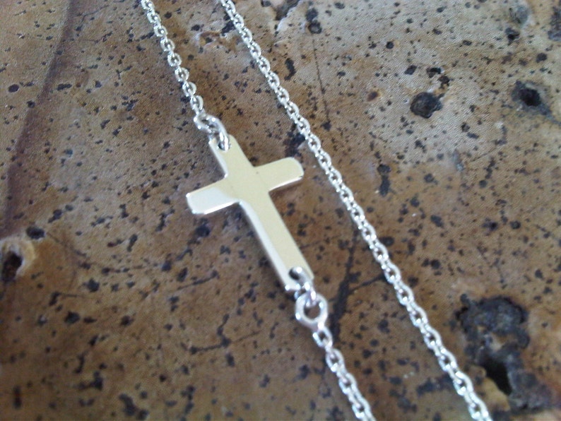 Sideway cross necklace little cross 925 sterling silver handmade silver cross religion asymmetric chain simple cross image 4