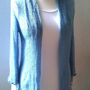 Ladies Knitted Blazer Blue Jacket Scarf Cardigan MALIBU BLUE Shawl Collar Ladies Stretch Cardigan Open Fine Knit Jacket One-size 7/8 sleeves
