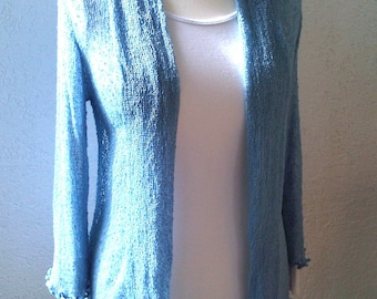 Ladies Knitted Blazer Blue Jacket Scarf Cardigan MALIBU BLUE Shawl Collar Ladies Stretch Cardigan Open Fine Knit Jacket One-size 7/8 sleeves