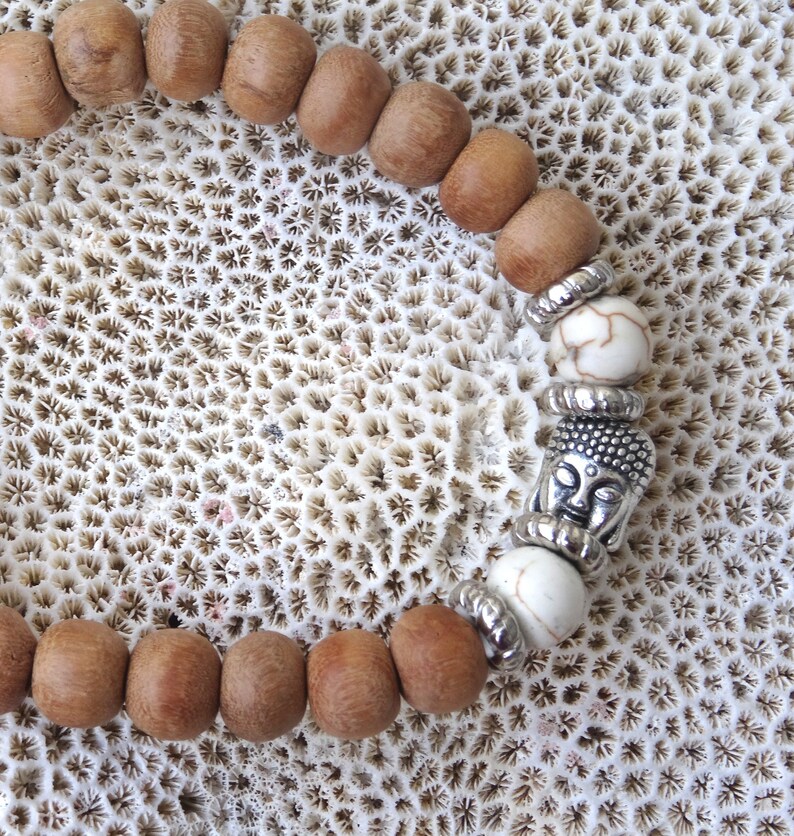 Sandalwood fragrance bracelet buddha head metal silver tone festival jewelry boho jewelry wood beaded bracelet elastic unisex bracelet image 1