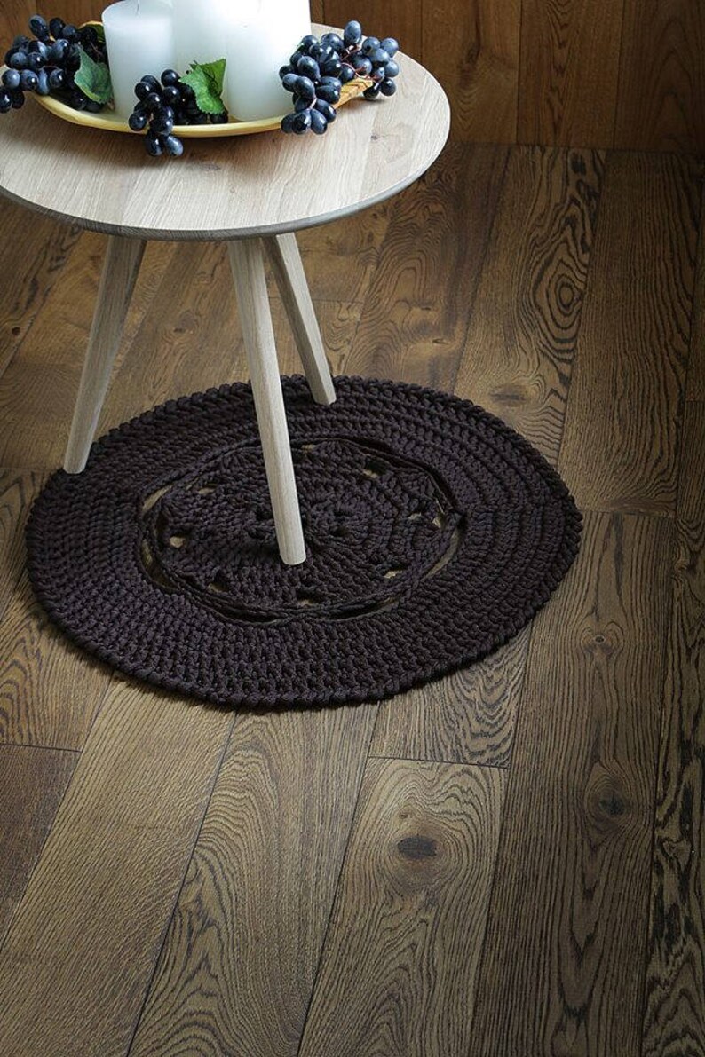 Small Handmade Round Crochet Rug Brown Rug Polyester Yarn Etsy