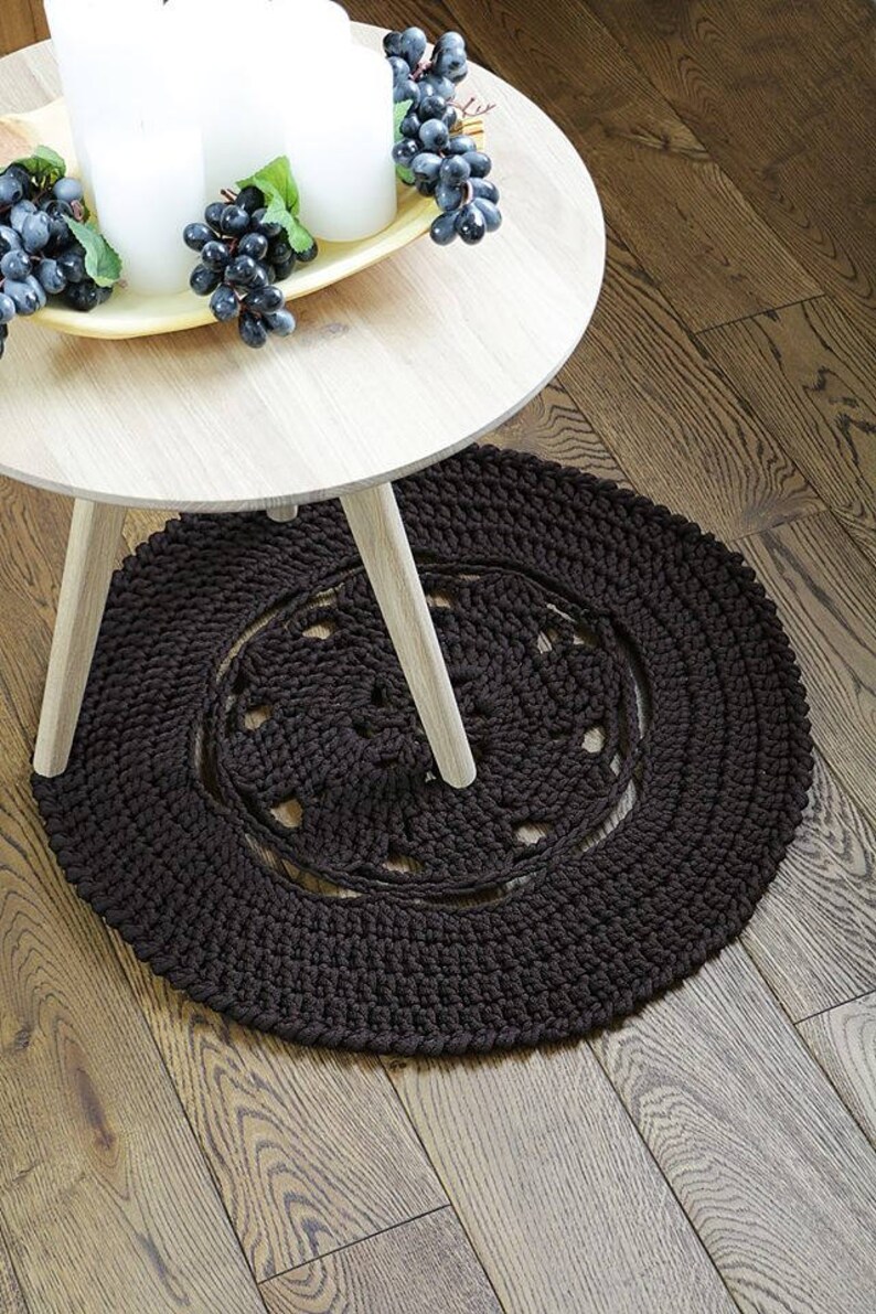 Small Handmade Round Crochet Rug Brown Rug Polyester Yarn Etsy
