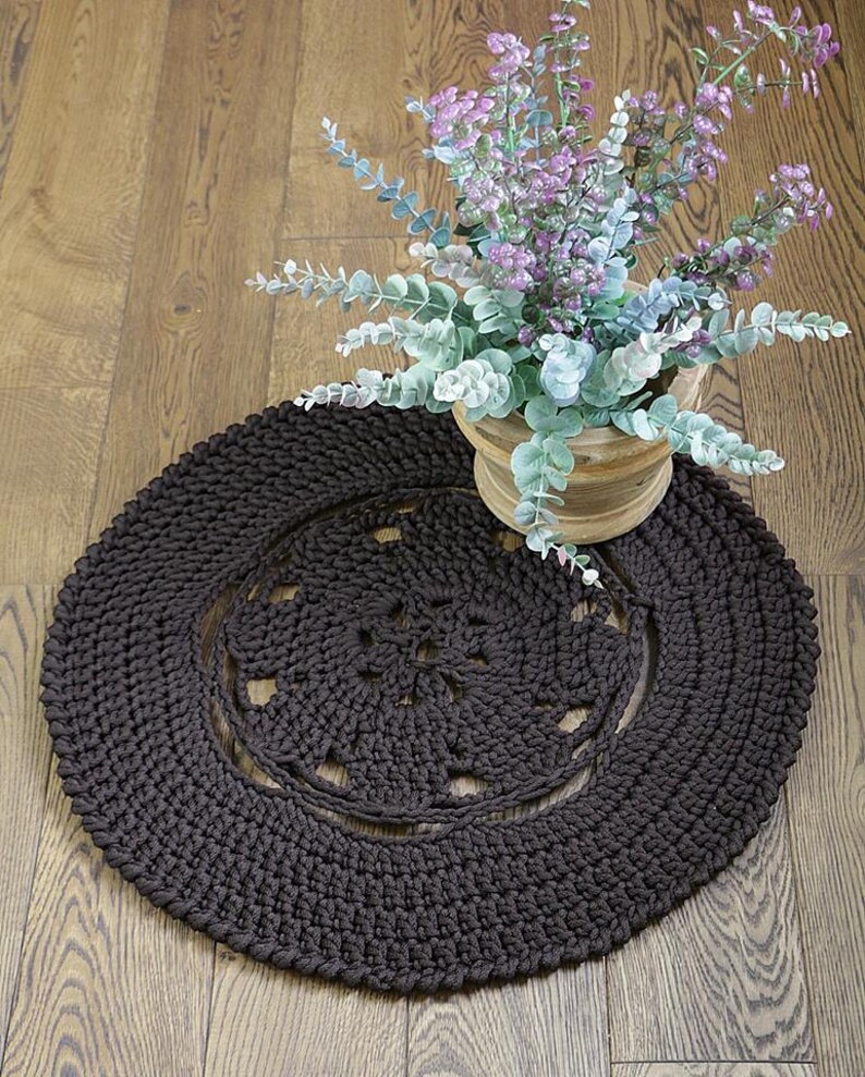Small Handmade Round Crochet Rug Brown Rug Polyester Yarn Etsy
