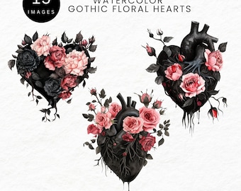 Gothic Floral Heart Clipart, Anatomical Valentine's Day, PNG (Commercial Use)