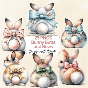 Easter Bunny tail Clipart, Watercolor Bunny with Coquette Bow, Easter Bunny PNG, Spring Bunny Graphics, Easter Rabbit Tail, Bow Clipart,