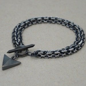 Oxidised or polished solid silver heavy triple diamond cut trace chain bracelet with a unique T-bar and arrow charm design - Men's Jewellery