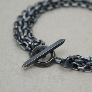 Oxidised or polished solid silver heavy triple diamond cut trace chain bracelet with a handmade unique T-bar design - Men's jewellery