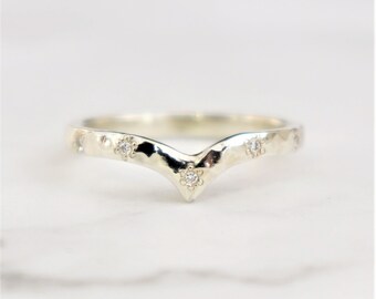 9ct solid white gold 1.8mm wide hammered floral diamond set wishbone wedding ring.  Available in 9ct and 18ct gold