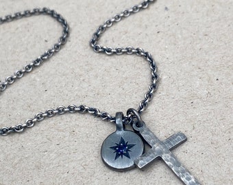 New design - Oxidised silver star engraved birthstone 10mm pendant and hammered cross on 1.8mm tight trace chain - Mens jewellery