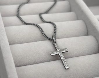 Oxidierte oder polierte Sterling Silber kleine Größe gehämmert Kreuz Anhänger 1,7 mm Panzerkette Halskette