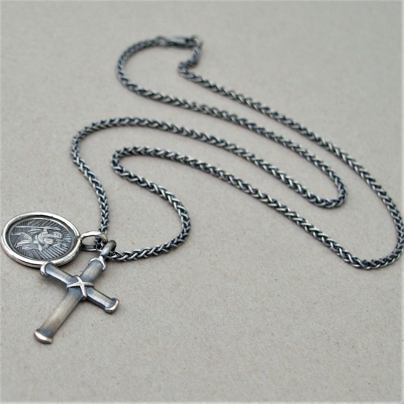 Silver saint christopher and cross pendants Oxidised silver spiga chain cross Men/'s jewellery St christopher Unique jewellery