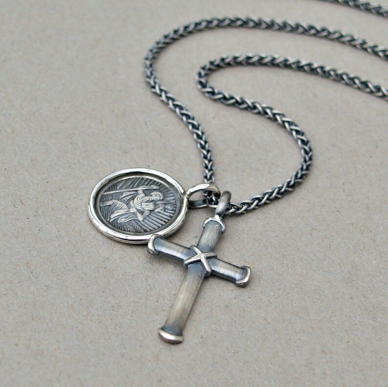 Silver saint christopher and cross pendants Oxidised silver spiga chain cross Men/'s jewellery St christopher Unique jewellery