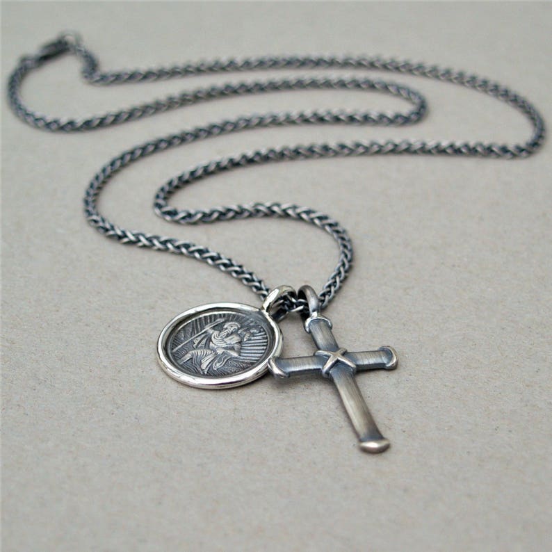 Silver saint christopher and cross pendants Oxidised silver spiga chain cross Men/'s jewellery St christopher Unique jewellery