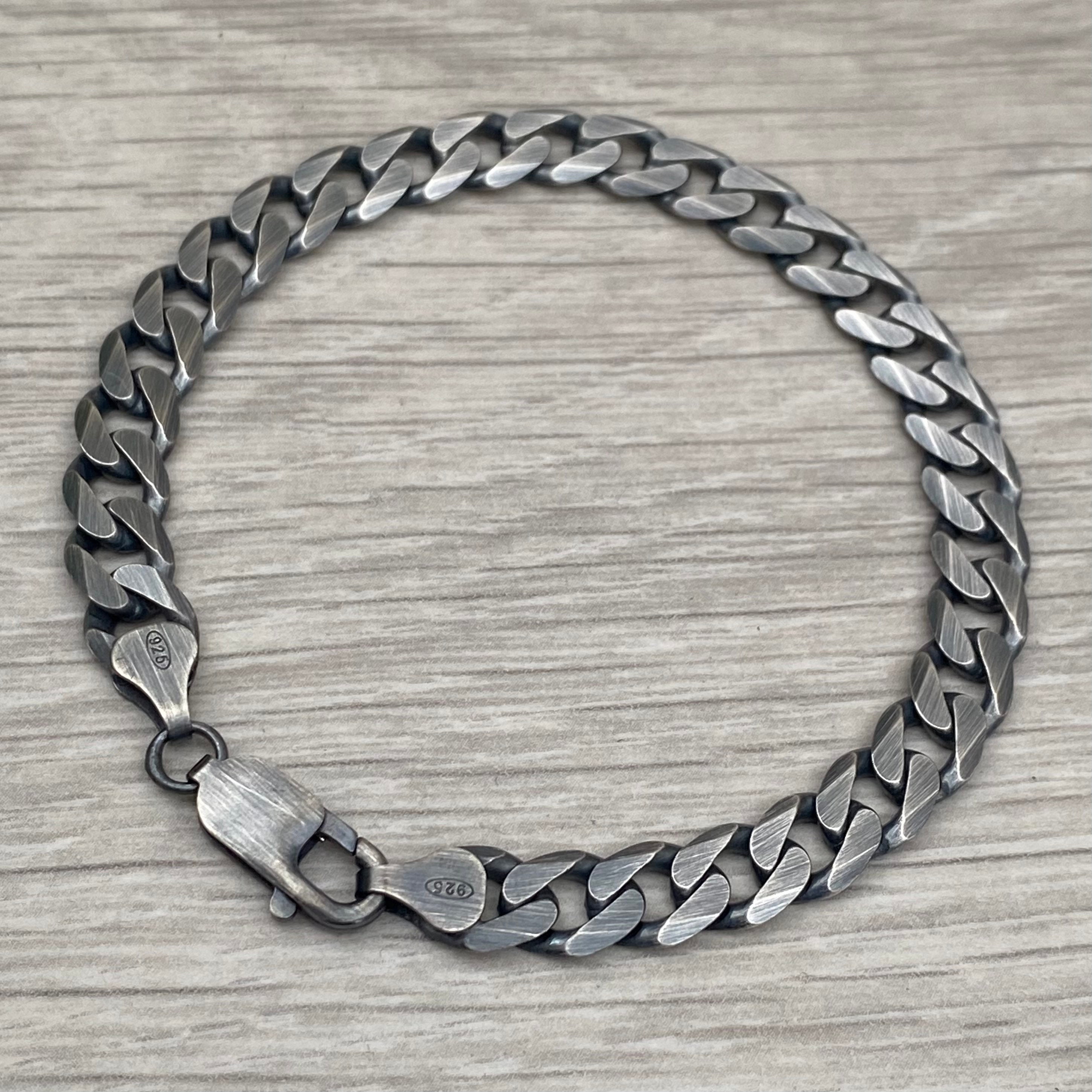 Oxidised Solid Silver 7.5mm Wide Curb Chain Bracelet - Mens Oxidised Solid Silver 7.5mm Wide Curb Chain Bracelet - Mens