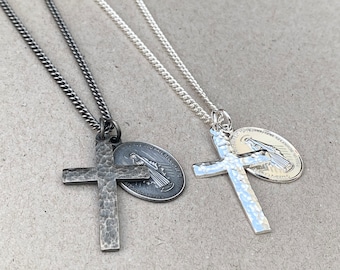 Oxidised or polished medium size solid silver hammered cross pendant and large size Miraculous Mary medal on a 2.4mm wide tight curb chain
