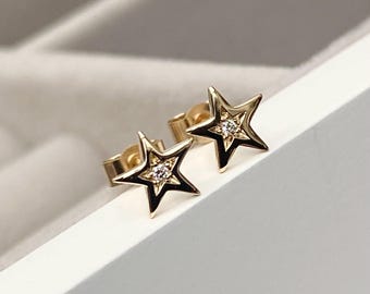 Handmade 9ct Yellow Gold Tiny Star Engraved Set Diamond Star Stud Earrings