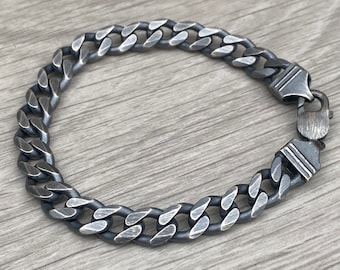 Oxidised solid silver heavy 9mm wide curb chain bracelet - Mens jewellery