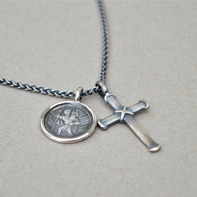 Silver saint christopher and cross pendants Oxidised silver spiga chain cross Men/'s jewellery St christopher Unique jewellery