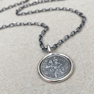 Oxidised solid silver Saint Christopher circle framed pendant on a 3mm wide diamond cut trace chain - Men's jewellery