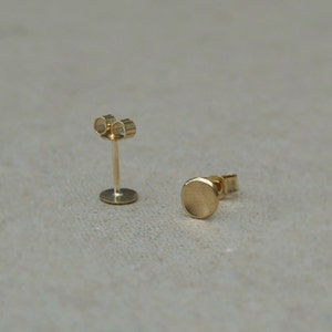 May include: A pair of gold stud earrings with a round, slightly textured design. The earrings are simple and minimalist.