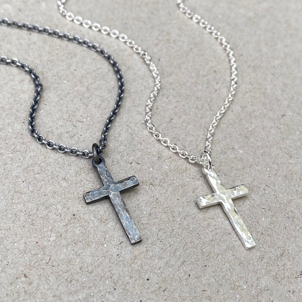 Oxidised or polished small size solid silver hammered cross pendant on a 1.8mm wide tight filed trace chain - Men’s Jewellery