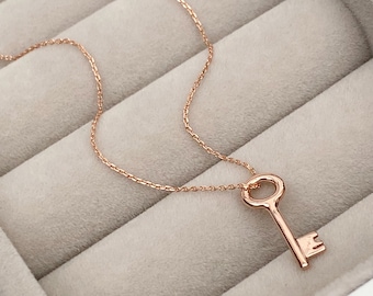 9ct Rose Gold Small Dainty Key Charm Pendant Chain Necklace