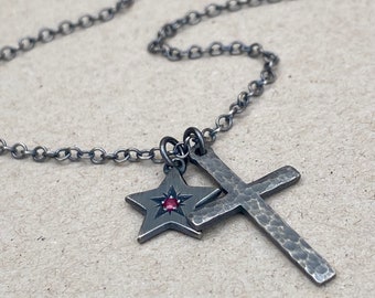 New design - Oxidised silver star engraved birthstone star pendant and hammered cross on a 2.2mm trace chain - Mens jewellery