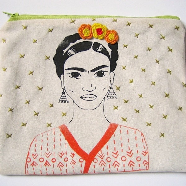 Schermo stampato e ricamato sacchetto "arancione e nero Frida"