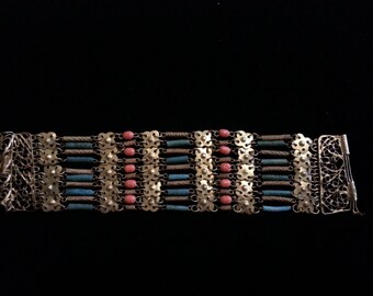 Art Deco Egyptian Revival Coral Faience beaded Filigree Bracelet