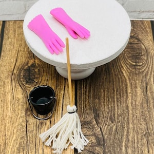 Dollhouse Mop And Cleaning Bucket Miniature Rubber Gloves