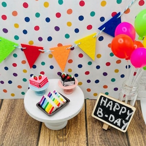 Miniature Happy Birthday Scene, Dollhouse Miniature Birthday Cake, Mini Balloons, Elf Prop, Dollhouse Cake Stand, Mini Fake Desserts