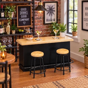 May include: A miniature bar set featuring a black base with a light wood countertop, two matching stools with black metal legs and light wood seats, two martini glasses with olives, and a small bowl of pretzels, all in a detailed room setting.