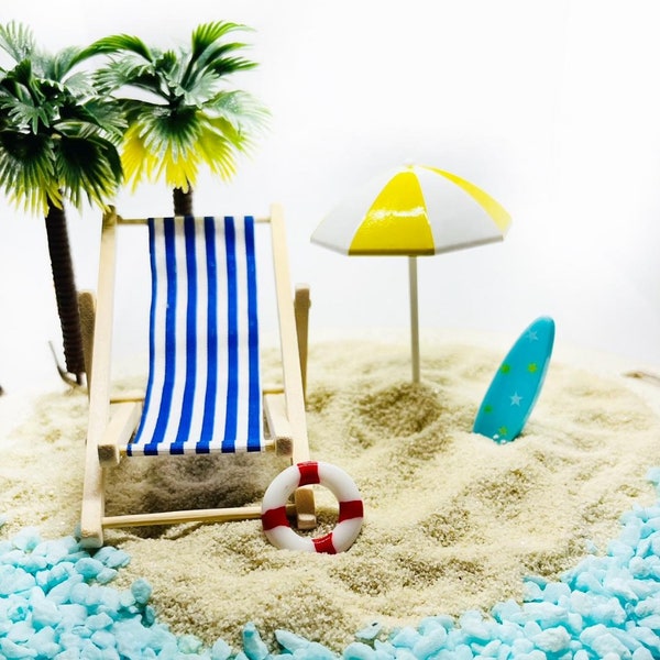 Miniature Fairy Garden Beach Theme Diorama Beach Chair Umbrella Coastal Terrarium