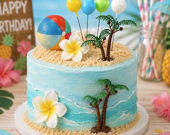 Adornos para tartas de cumpleaños con temática playera: Set de 22 piezas de decoración para fiestas tropicales.