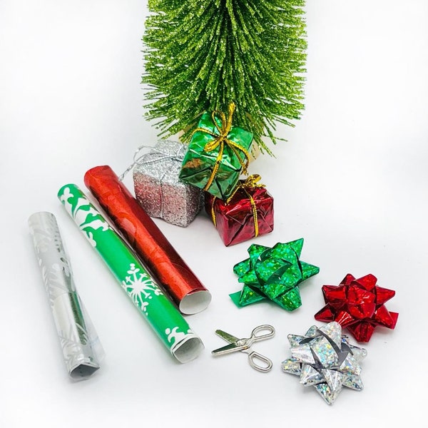 Miniature Gift Wrap Elf Prop Gift Box Miniature Scissors Tiny Christmas Bows Dollhouse Christmas Decor