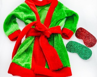Ropa para muñeca elfa: bata de felpa y antifaz para dormir - Accesorio navideño para muñeca de 30 cm