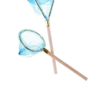 May include: Two blue butterfly nets with wooden handles. The nets are made of fine mesh and have gold accents.