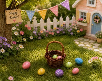 May include: A brown woven wicker basket sits on green grass surrounded by colorful speckled Easter eggs in pink, yellow, green, blue, and purple. A wooden sign hanging from a tree reads Happy Easter! with a pink heart, near a white picket fence.